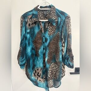 Clara Sun Woo Animal Print Button-Up Blouse Blue Brown Black Collared S